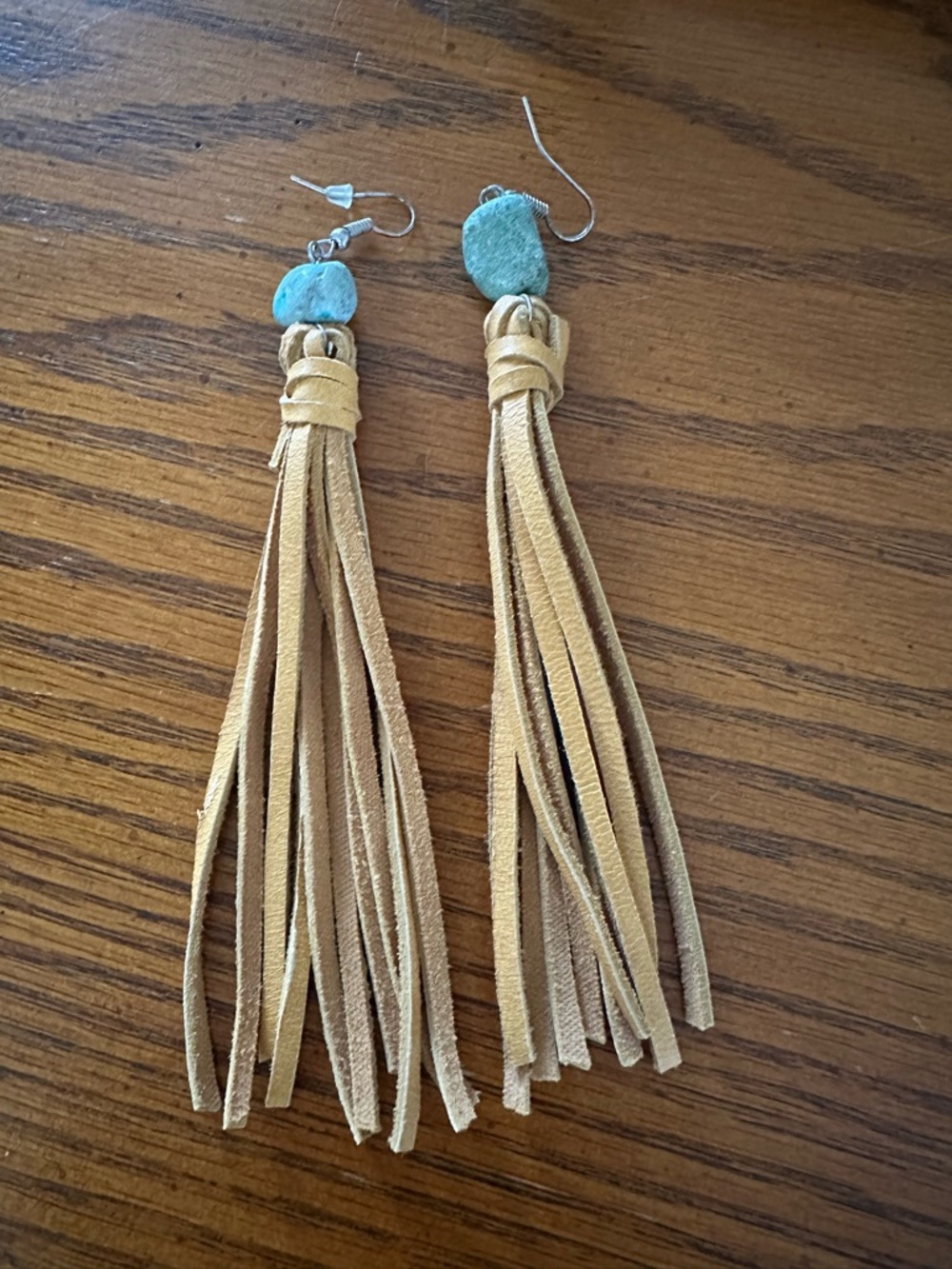 Boho Tassel Leather Earrings with Turquoise Stone - Beige